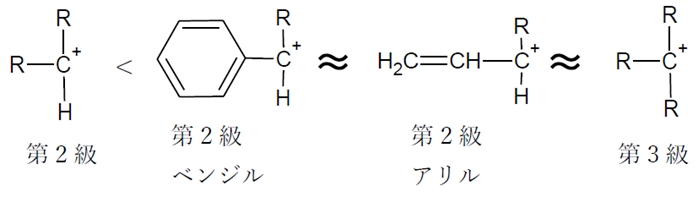 カルボカチオンの安定性　級数と序列の理由，アリル・ベンジル等